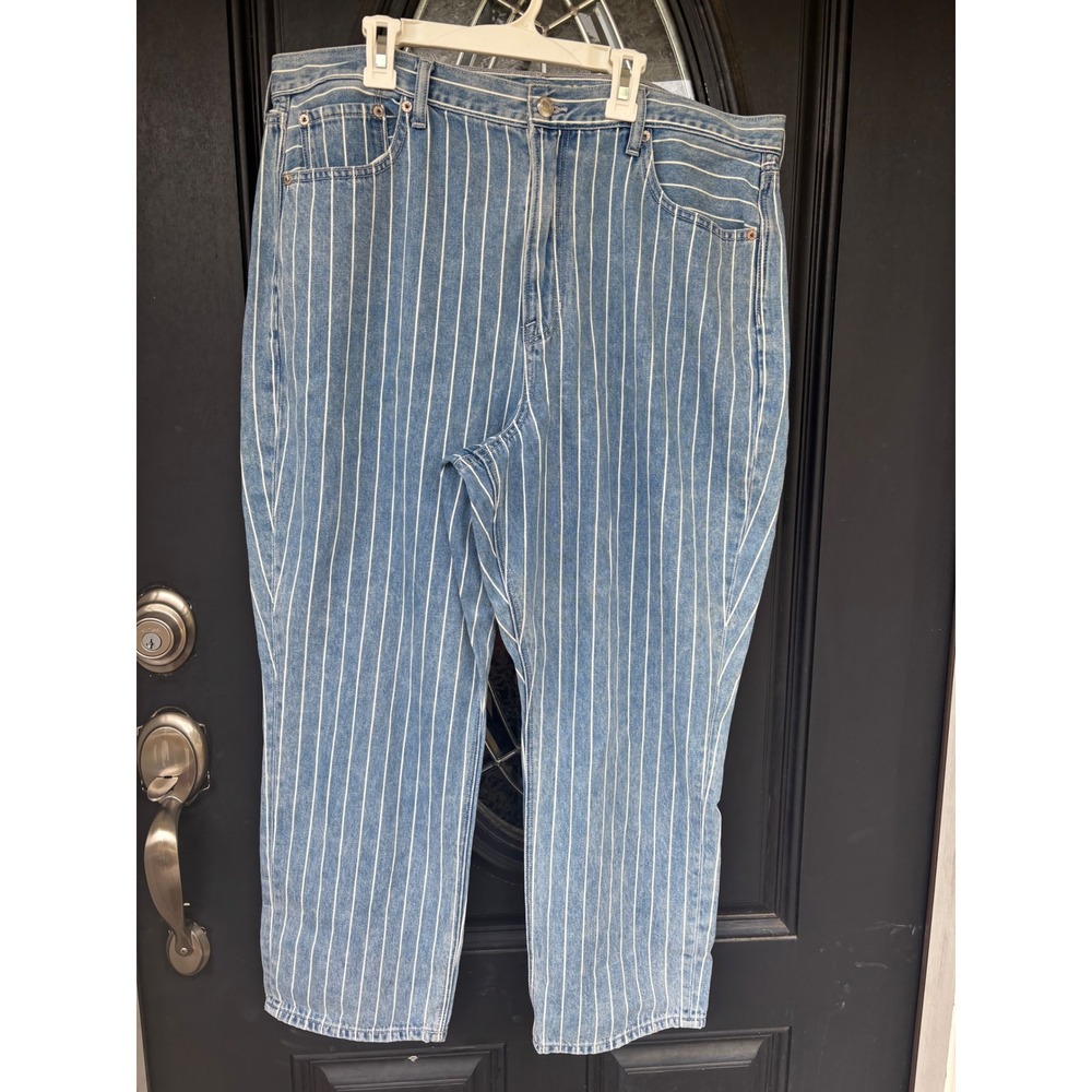 American Eagle Womens High Rise Mom Jeans Blue White Pinstripe Striped Denim